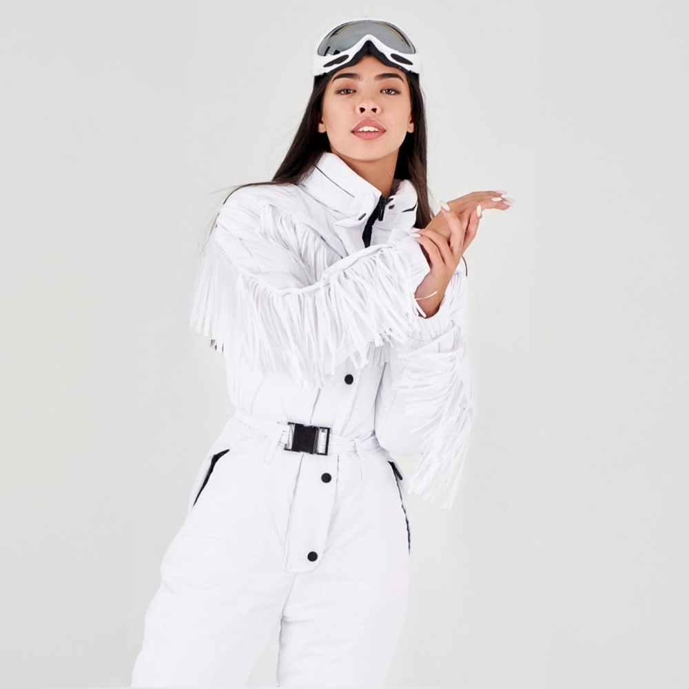 FRINGED SKI ONE PIECE SNOW SUIT SKI SUIT WHITE
